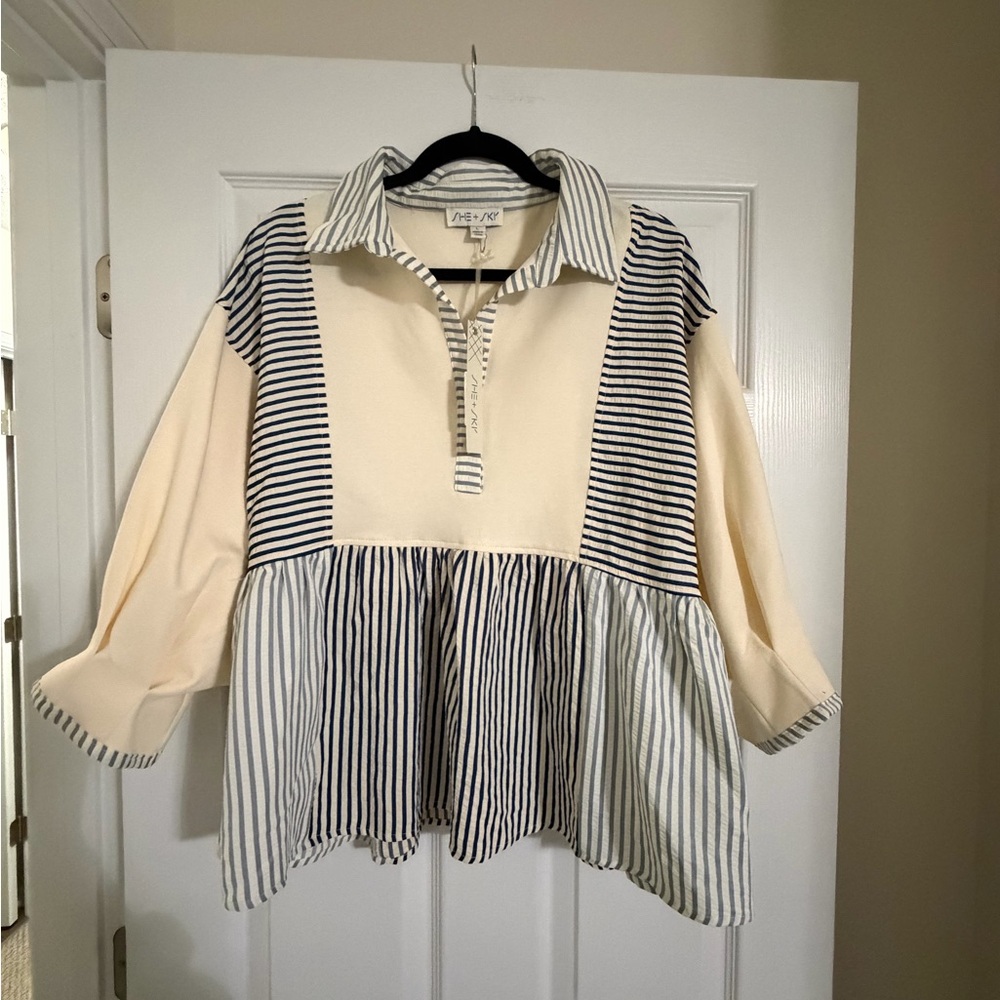 She & Sky Striped Cream and Blue Blouse-Size L-NWT